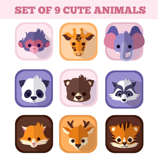 Vector set of nine cute animals flat icons.