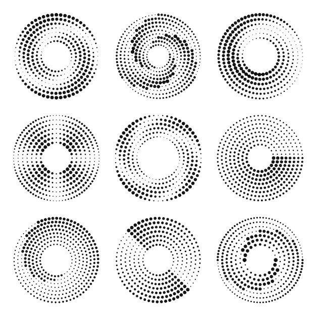 Set di nove diversi cerchi punteggiati elementi vettoriali rotondi per il design effetto mezzitoni