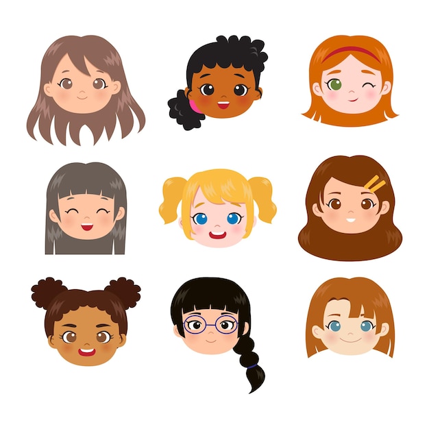 Vector set of nine different girls head and faces