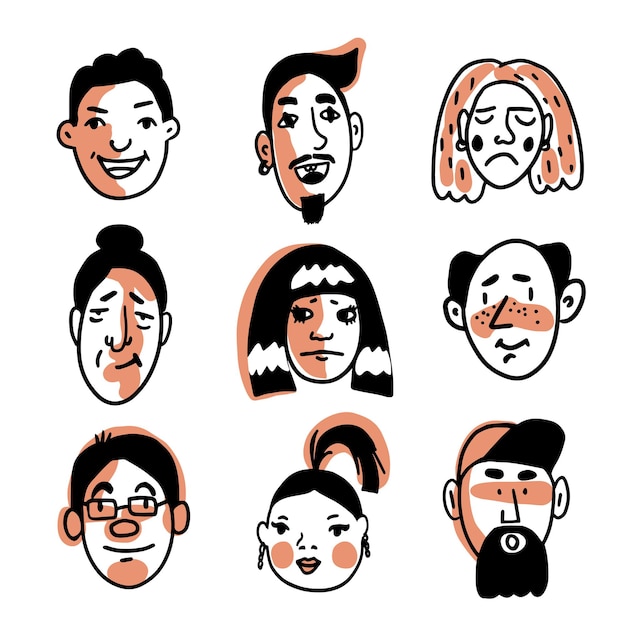 さまざまな表情の9つの異なる人間の顔のセット落書き手描きベクトルイラスト