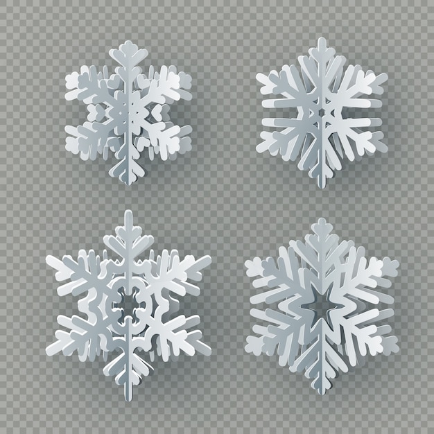 Set of nine different paper snowflake cut from paper  on transparent background.  