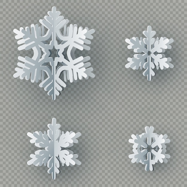 Set di nove diversi fiocchi di neve di carta tagliati da carta su sfondo trasparente.
