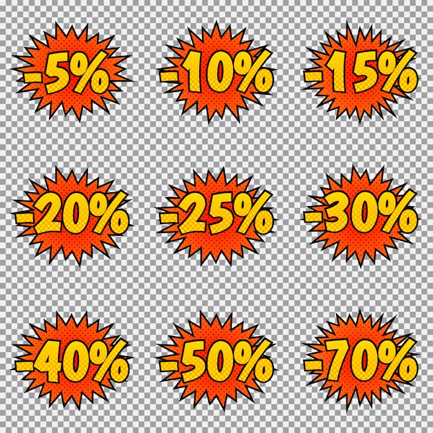 Set of nine discount labels. pop art, comic books style.