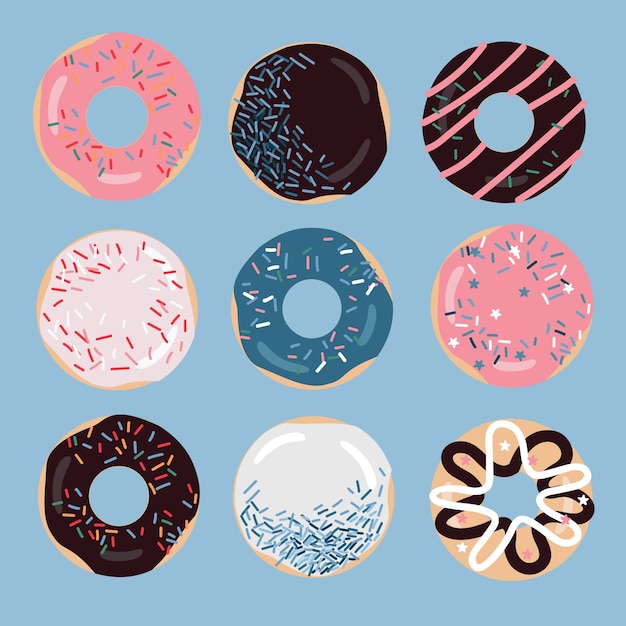 Vector set of nine doughnuts