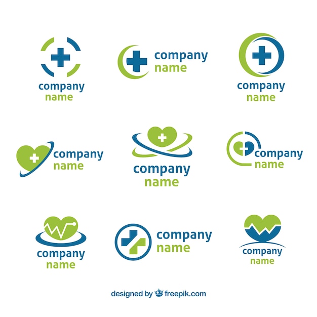 Набор из девяти зеленых и синих логотипов для здоровья