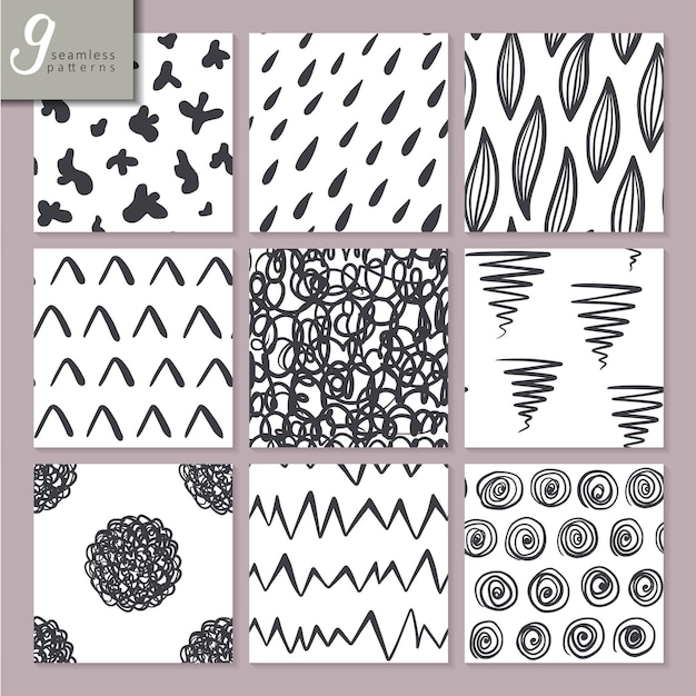 Set of nine hand drawn seamless abstract patterns in black and white colors