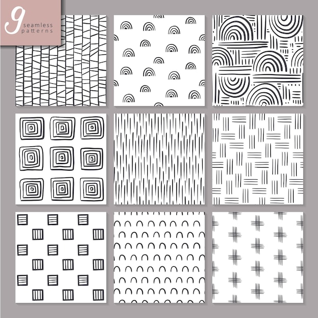 Set of nine hand drawn seamless abstract patterns in black and white colors