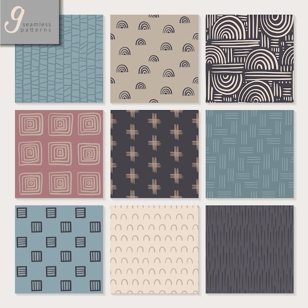 Set of nine hand drawn seamless abstract patterns