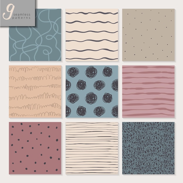 Set of nine hand drawn seamless abstract patterns