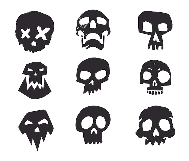 Vector set of nine hand drawn skulls