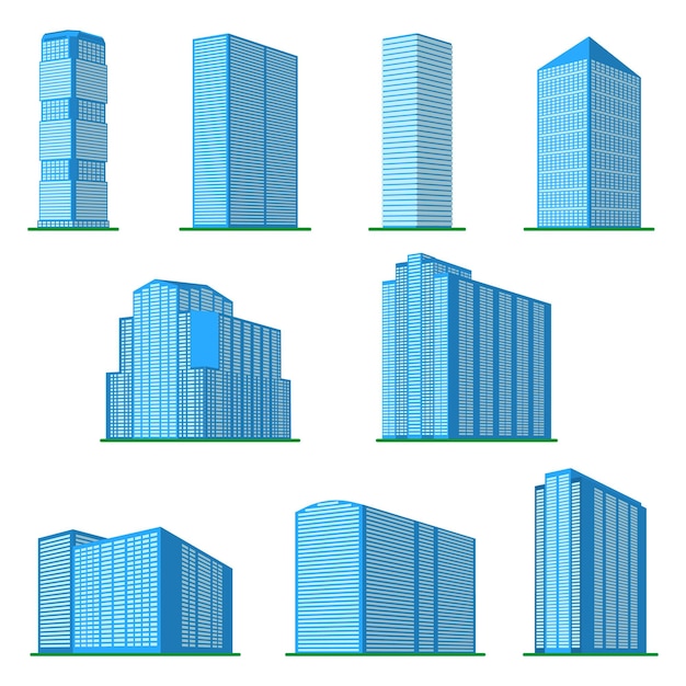 Vector set of nine  modern highrise building on a white background view of the building from the bottom isometric vector illustrationxa