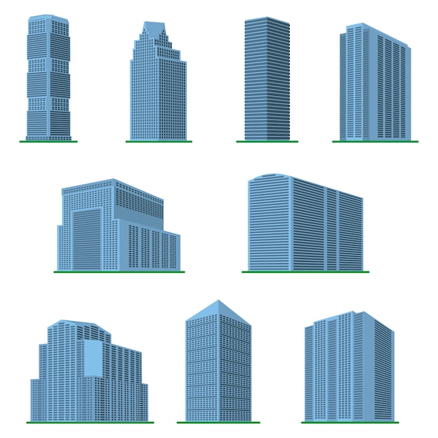 Set of nine modern highrise building on a white background View of the building from the bottom Isometric vector illustrationxA