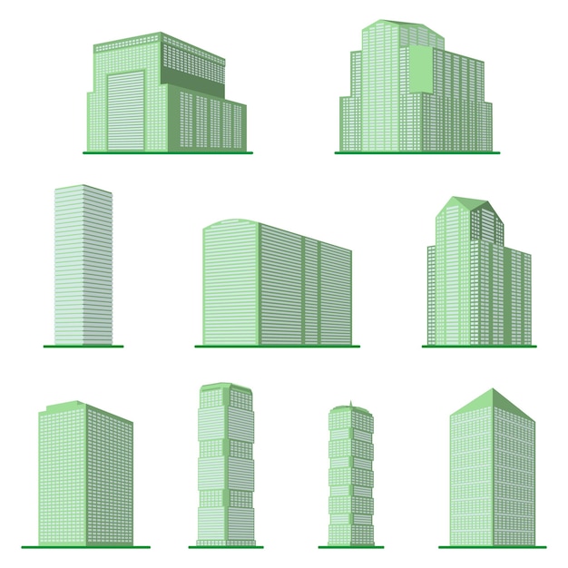 Set of nine modern highrise building on a white background View of the building from the bottom Isometric vector illustrationxA