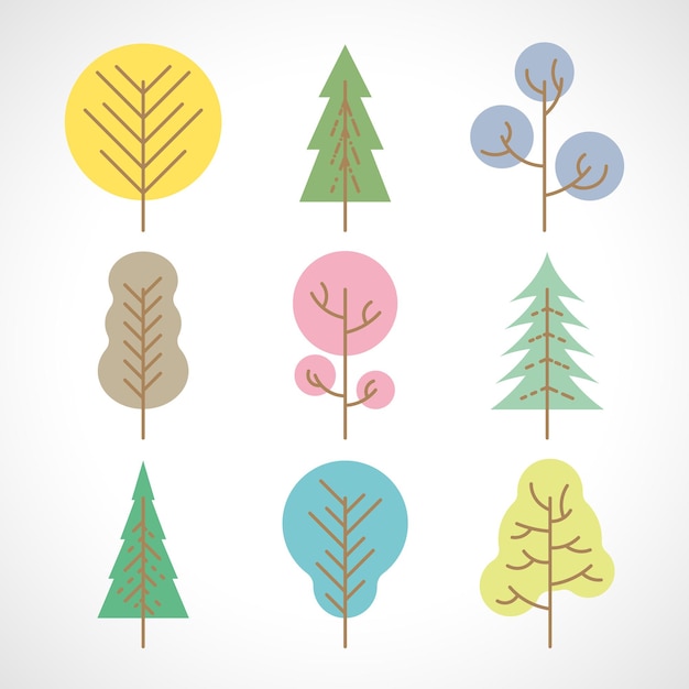 Set of nine multicolored trees on white background. Vector illustration.