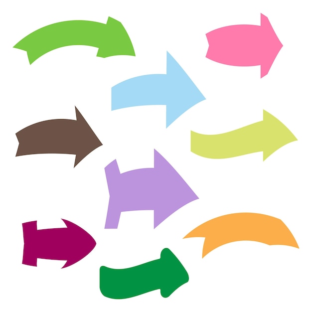 Set of nine multicolored various arrows. Vector illustration