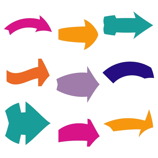 Set of nine multicolored various arrows Vector illustration