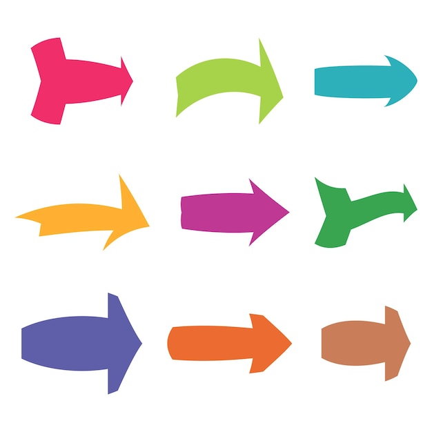 Set of nine multicolored various arrows Vector illustrationxA