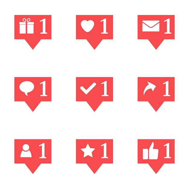 Set of nine notifications in social media. Heart, star, follower, message, check, gift, comment, like, repost. Vector illustration.