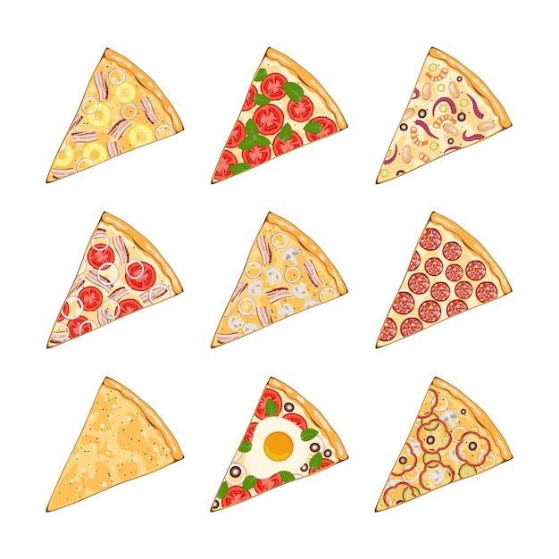 색 배경에 분리 된 다양한 핑을 가진 9 개의 피자 슬라이스 세트