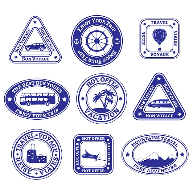 Set di nove francobolli e distintivi sul turismo e sui viaggi in blu.