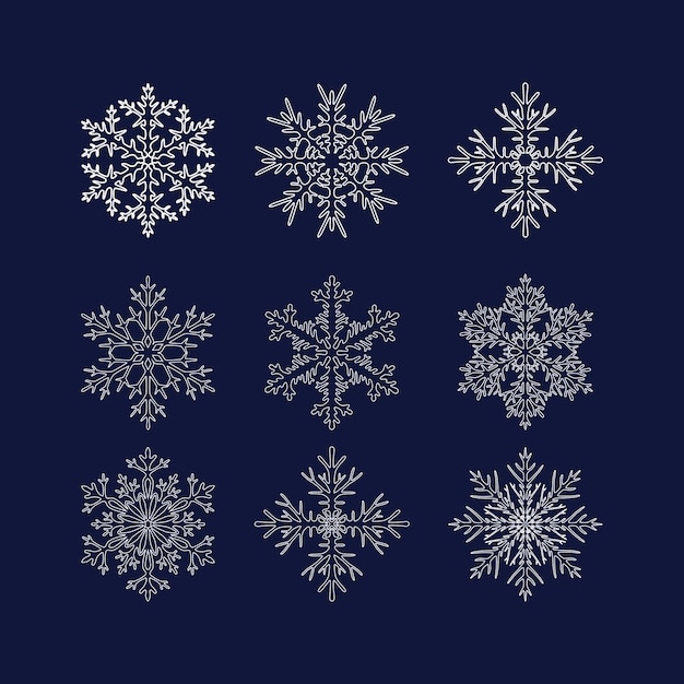 青色の背景に輪郭を描かれた 9 つの白い雪の結晶のセット