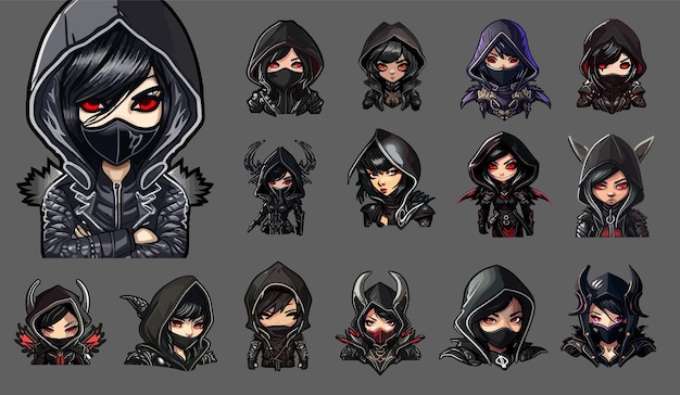 Set of ninja girls in black cape hoodie expression stickers or badges. anime game characters.