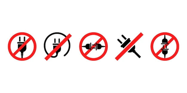 Набор векторных значков без розеток Красные запрещенные или запрещенные знаки с электрической вилкой или кабелем