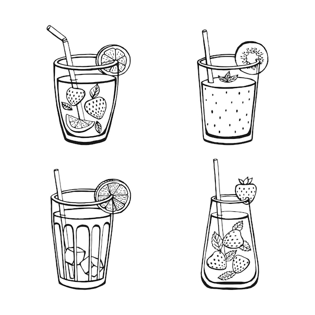 Set nonalcoholic summer drinks isolated on white background Menu vector images in sketch style