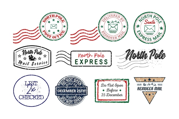 Vector set of north pole post santa gift rubber stamp badge label postmark designs on white background