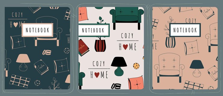 Set notebook covers met interieur items. Gezellig huis hand getrokken vector doodle achtergrond