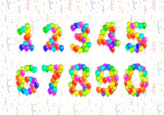 Set of number symbols made up from bright colorful balloons