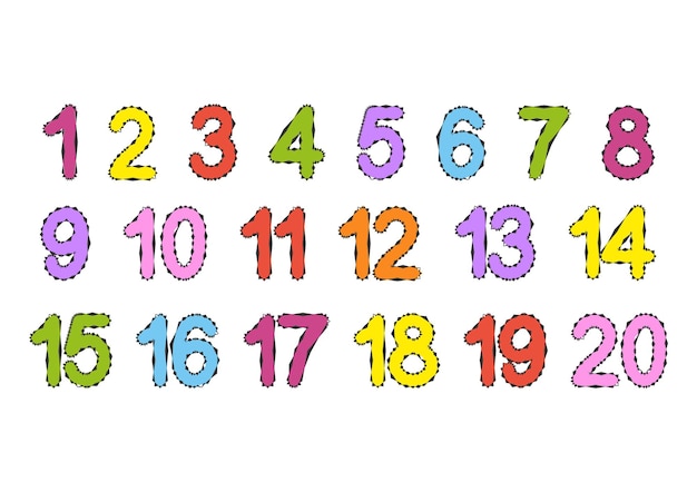 A set of numbers from one to twenty. Bright colorful collection. For teaching children.