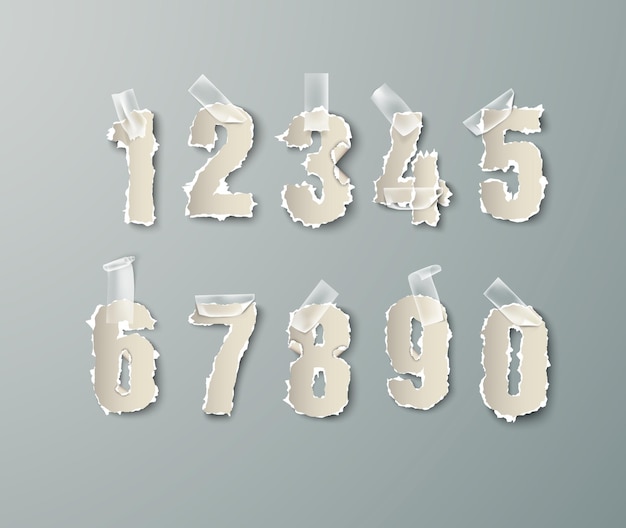 Vector set numbers from torn paper with transparent tape.