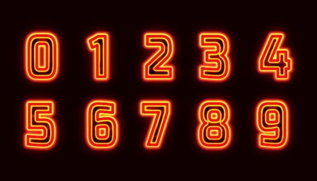 Set of numbers with glowing red neon light effect