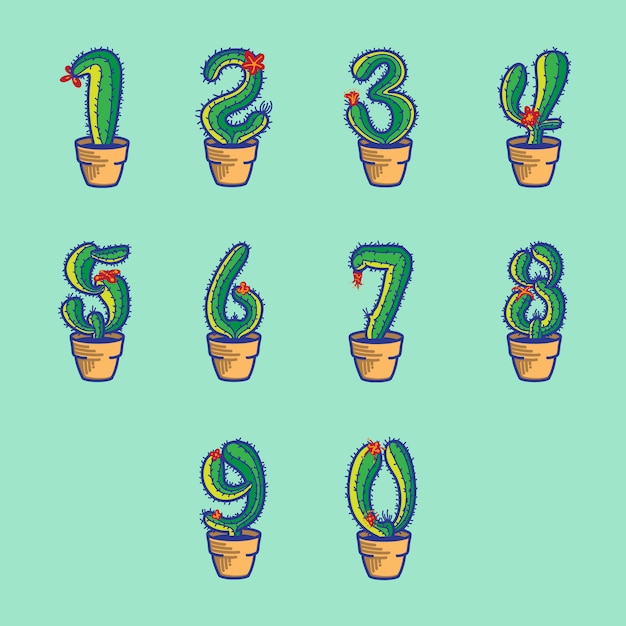 Set of numeric cactus on vase