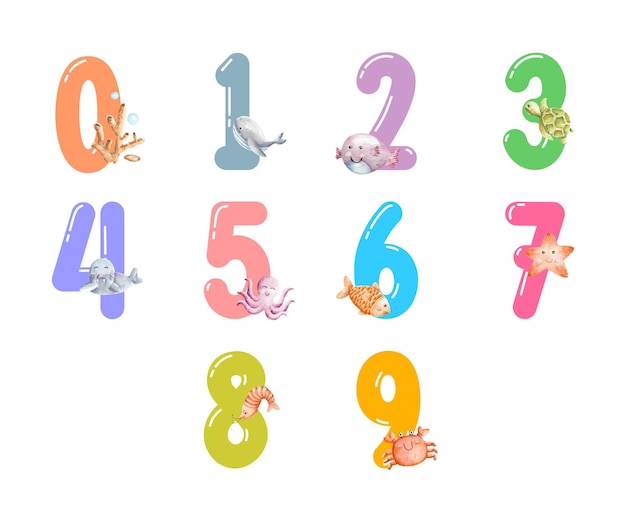 Set of numeric text with sea animal cartoon element painting illustration