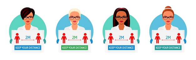 Набор медсестры или врача, держащего профилактический плакат. Социальное дистанцирование во время пандемии коронавируса.