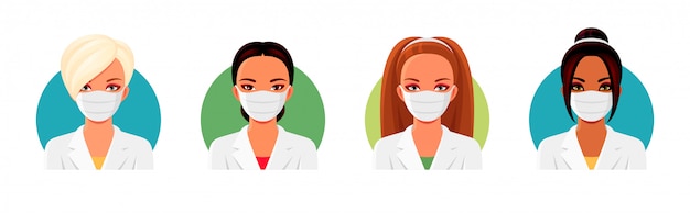 Vector set of nurse or doctor wearing white medical uniforms and face masks.