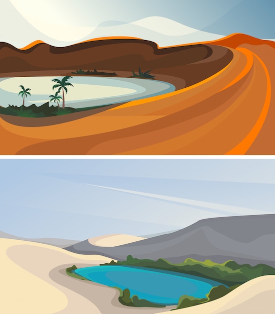 Vector set of oasis. beautiful nature sceneries.