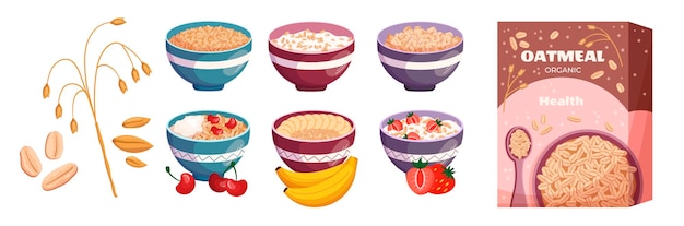 set oatmeal breakfast porridge oat flakes in box bowl with fruit and berries in milk jar of granola healthy food