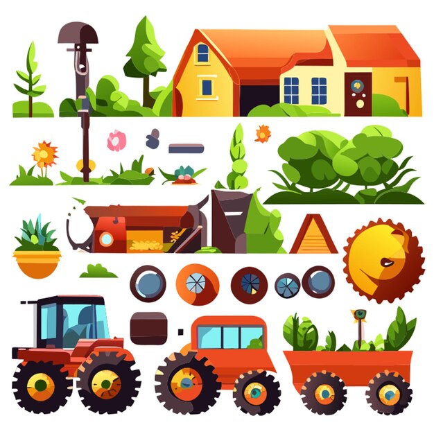 Vector set of object element with garden or farm equipment in cartoon style isolated on white background