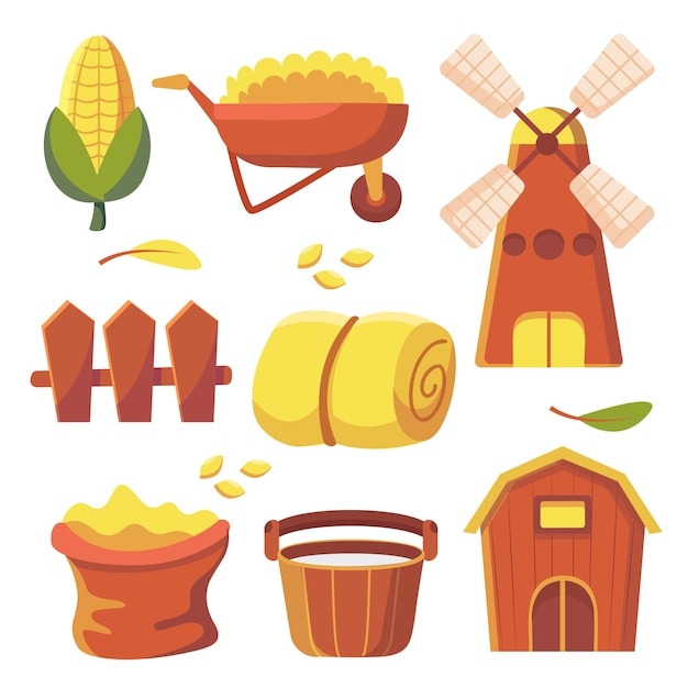 Set of object element with garden or farm equipment corn cart windmills fences and other in cartoon style isolated on white background