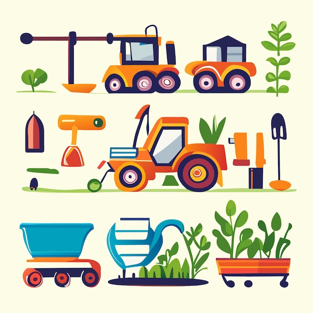 Set objectelement met tuin- of landbouwmachines in cartoonstijl geïsoleerd op een witte achtergrond