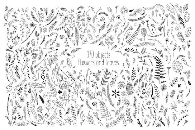 Set objecten van bloemen en bladeren doodle kronkels schets collectie sjabloon