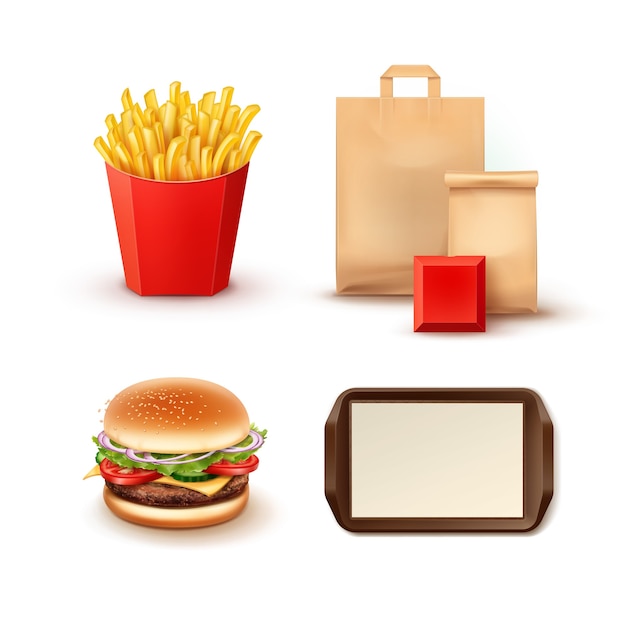Vector set of objects for fast food restaurant with paper packages for takeaway