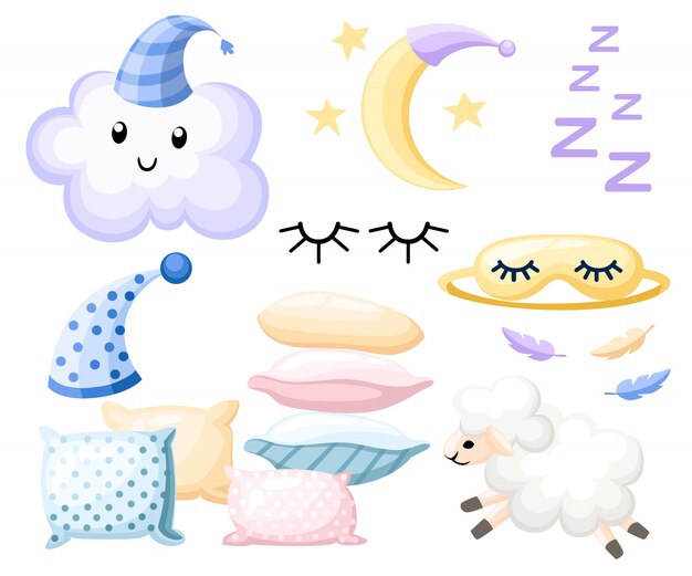 Set of objects for sleep cap for dream pillow different colors lamb cloud moon bandage for eyes on white background illustration web site page and mobile app