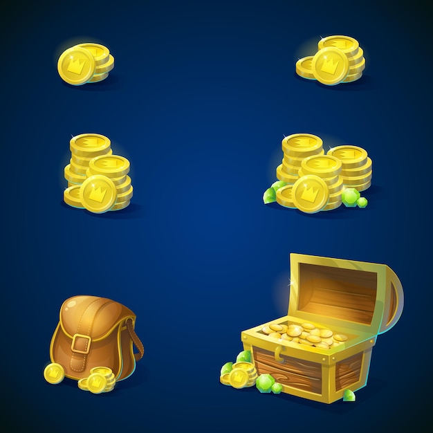 Set of objects - stack of gold coins, open chest with gold coins, shiny green emeralds, leather inventory bag. vector illustration.