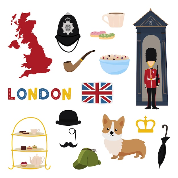 Vector set of objects and symbols related to london and england.