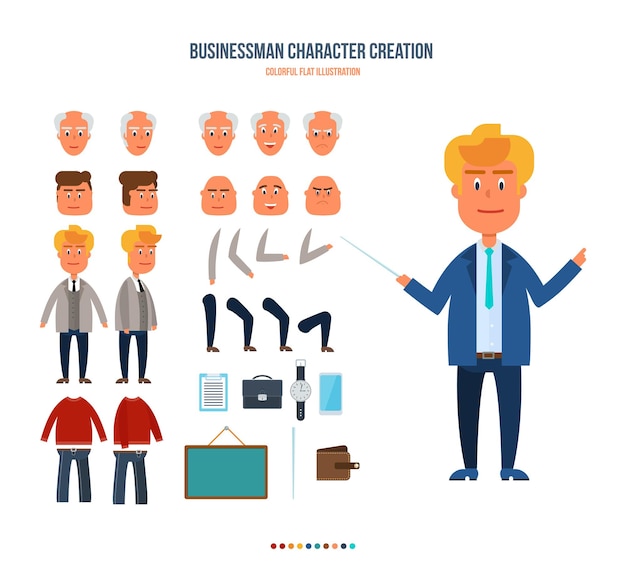 Vector set objects which you can create character businessman faces emotions