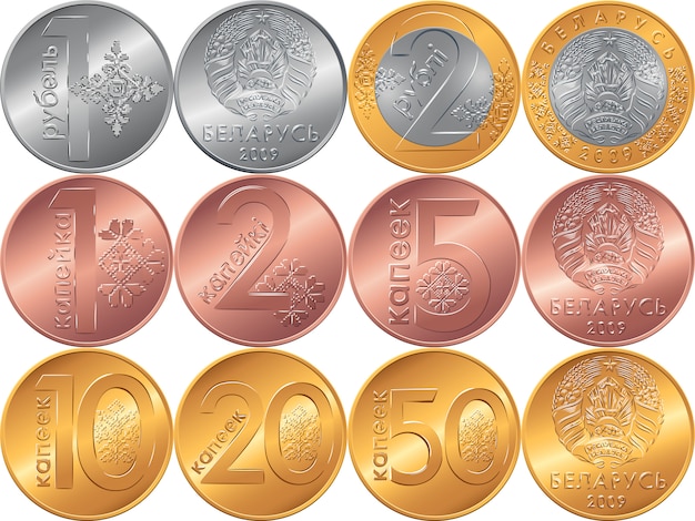 Vector set obverse and reverse new belarusian money coins